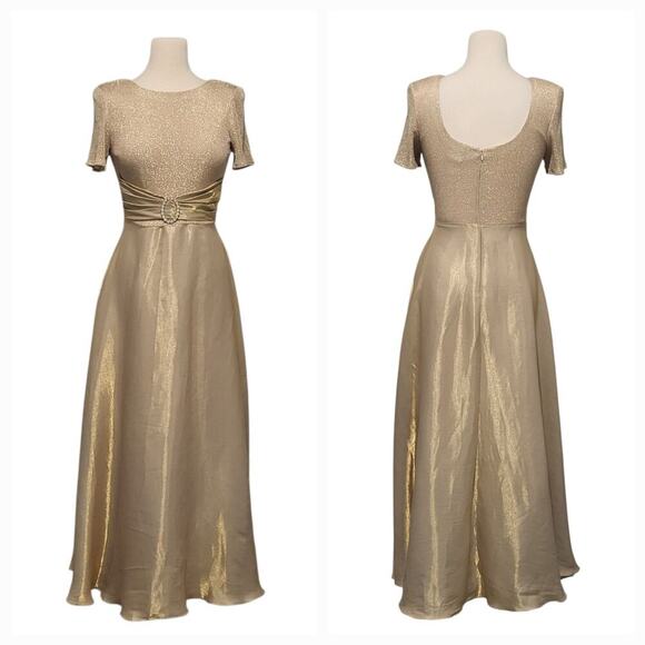 VTG Gold Evening Gown Sz 4 Formal Dress Short Sleeve 90s USA Old Hollywood Glam - Picture 2 of 15